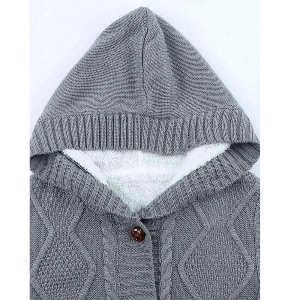 Sherpa Grey Knit Hooded Cardigan Front Pockets Long Sleeves Hip Length Buttoned - Picture 9 of 17